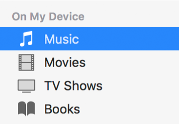 The On My Device section of the sidebar showing Music selected.
