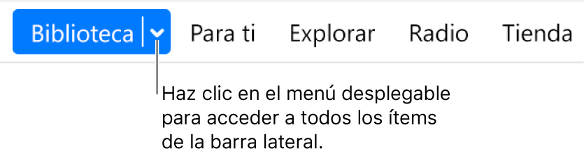 El botón Biblioteca de la barra de navegación, con el menú desplegable; haz clic en él para acceder a todos los ítems de la barra lateral cuando esta está oculta.