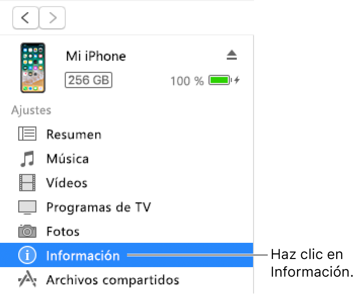 La ventana del dispositivo con la opción Información seleccionada en la barra lateral de la izquierda.