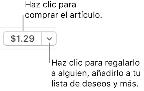 Un botón que muestra un precio. Haz clic en el precio para comprar el ítem. Haz clic en el triángulo desplegable para regalar el ítem a un amigo, añadir el ítem a tu lista de deseos, etc.