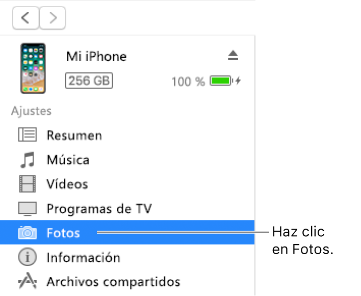 La ventana del dispositivo con la opción Fotos seleccionada en la barra lateral de la izquierda.