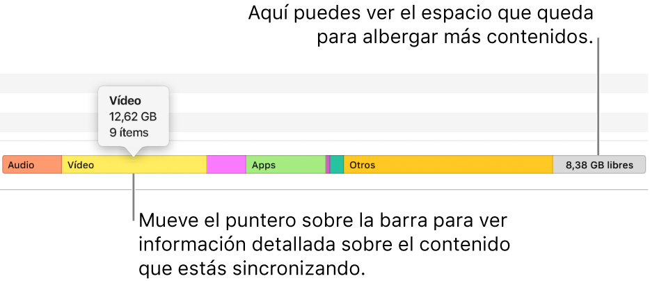 Coloca el puntero sobre la barra en la parte inferior de la ventana para ver tanto los detalles del contenido que estás sincronizando como la cantidad de espacio disponible para más contenido.