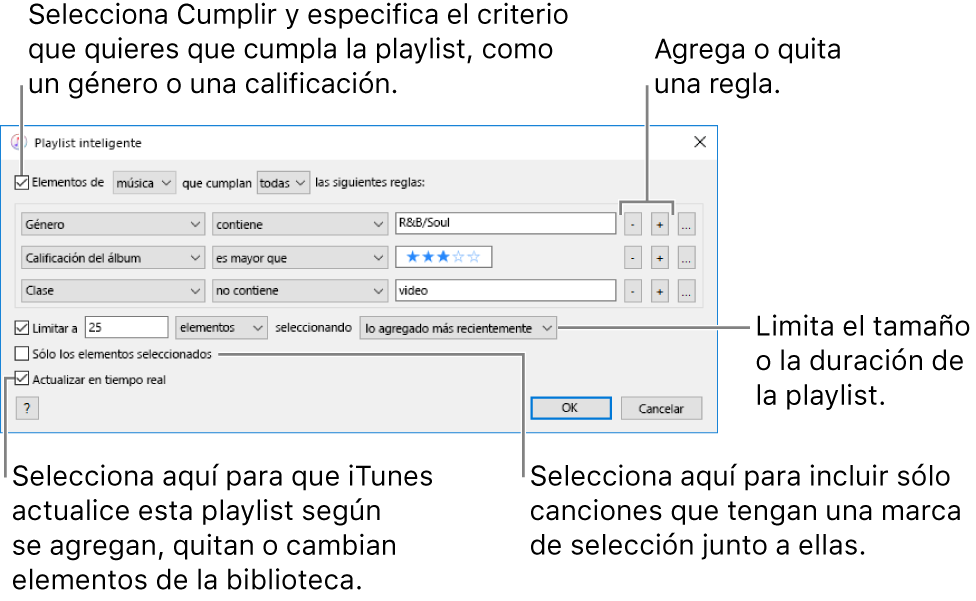 La ventana playlists inteligentes: en la esquina superior izquierda, selecciona Cumplir y especifica los criterios de la playlist (por ejemplo, un género o calificación). Continúa agregando o eliminando reglas haciendo clic en los botones Agregar o Eliminar en la esquina superior derecha. Selecciona varias opciones en el área inferior de la ventana, por ejemplo, puedes limitar el tamaño o la duración de la playlist, incluir sólo las canciones seleccionadas o hacer que iTunes actualice la playlist como elementos en tu cambio de biblioteca.