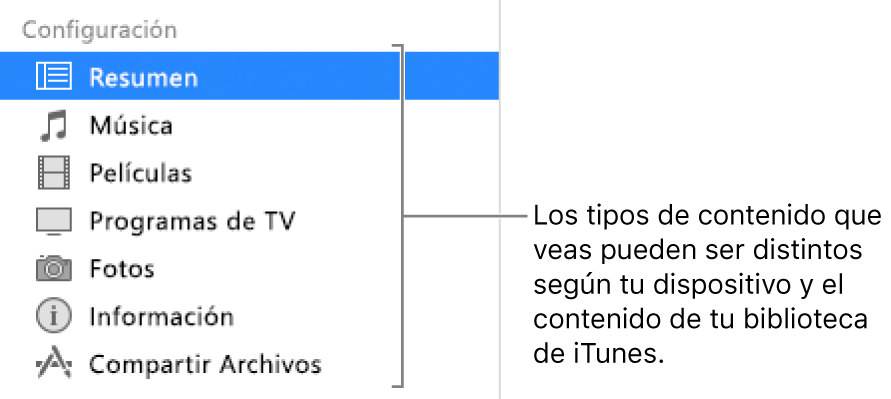 La opción Resumen está seleccionada en la barra lateral de la izquierda. Los tipos de contenido que aparecen pueden variar dependiendo de tu dispositivo y del contenido de tu biblioteca de iTunes.