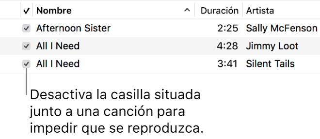 Detalle de la visualización Canciones en Música, con las casillas de selección en la izquierda. Anula la selección junto a una canción para evitar que se reproduzca.