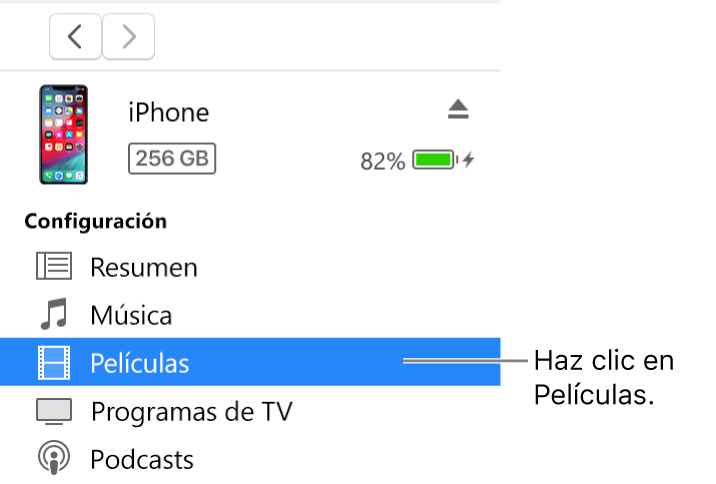 La ventana Dispositivo con la opción Películas seleccionada en la barra lateral de la izquierda.