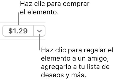 Un botón que indica un precio. Haz clic en el precio para comprar el elemento. Haz clic en el triángulo desplegable para enviar el elemento como regalo a un amigo, agregarlo a tu lista de deseos y más.