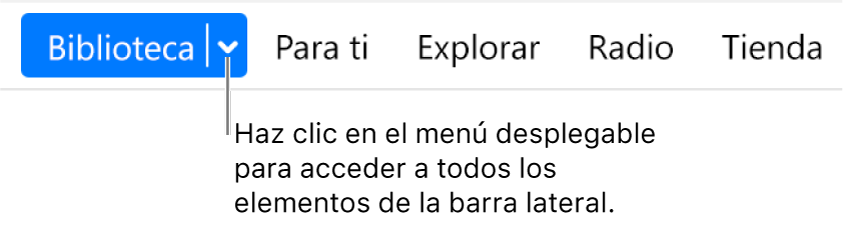 El botón Biblioteca en la barra de navegación, mostrando el menú desplegable has clic en él para acceder a todos los elementos de la barra lateral cuando la ocultes.