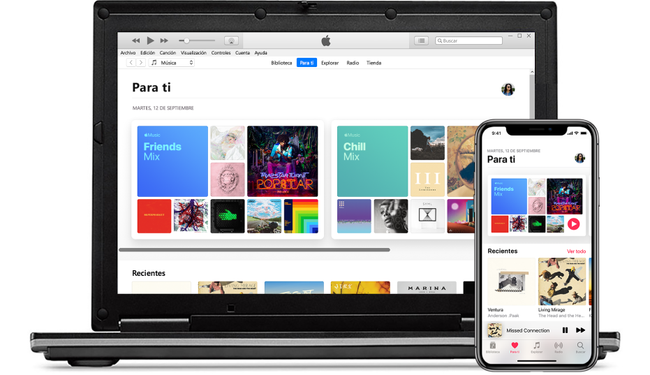 Una PC y un iPhone con "Para ti" de Apple Music.