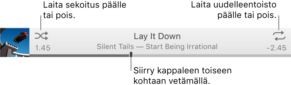 Banneri musiikkikappaleen soidessa. Sekoitus-painike on vasemmassa yläkulmassa ja Uudelleentoisto-painike oikeassa yläkulmassa. Vedä selauspalkkia toiseen kohtaan kappaleessa.