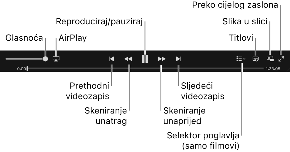 Kontrole videozapisa: Glasnoća, AirPlay, Prethodni videozapis, Skok unazad, Reproduciraj/pauziraj, Skok unaprijed, Sljedeći videozapis, Odabir poglavlja (samo za filmove), Titlovi, Slika u slici i Prikaz preko cijelog zaslona.