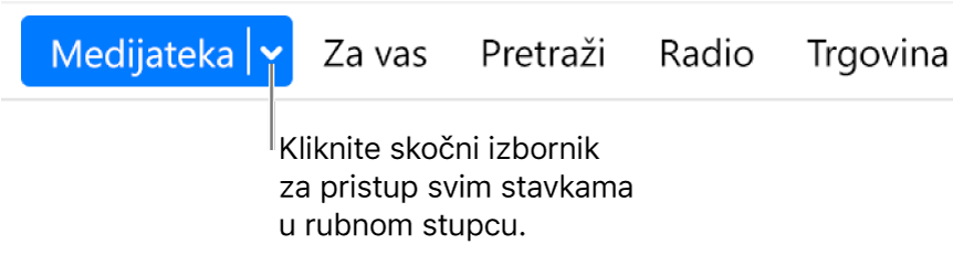 Tipka Medijateka u navigacijskoj traci, s prikazom skočnog izbornika; kliknite je za pristup svim stavkama rubnog stupca kada sakrijete rubni stupac.