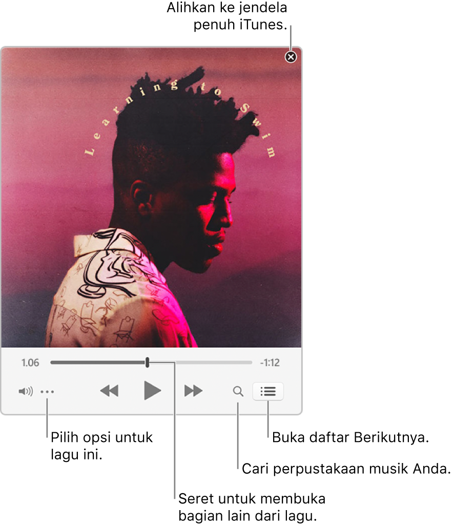 MiniPlayer yang diperluas menampilkan kontrol untuk lagu yang sedang diputar. Di pojok kanan atas adalah tombol tutup, digunakan untuk beralih ke jendela iTunes penuh. Di bagian bawah jendela adalah penggeser yang dapat Anda seret untuk membuka bagian lagu yang berbeda. Di bawah penggeser pada sisi kiri adalah tombol Lainnya, tempat Anda dapat memilih pilihan tampilan dan pilihan lain untuk lagu yang sedang diputar. Di sisi terluar sebelah kanan di bawah penggeser terdapat dua tombol—kaca pembesar untuk mencari perpustakaan musik dan daftar Berikutnya untuk melihat yang diputar berikutnya.