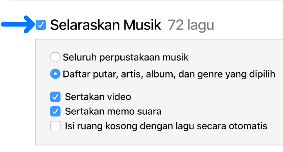 Selaraskan Musik yang muncul di kiri atas dipilih dengan pilihan untuk menyelaraskan keseluruhan perpustakaan Anda atau hanya item yang dipilih.