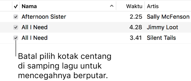 Detail tampilan Lagu di musik, menampilkan kotak centang di sebelah kiri. Batalkan pilihan kotak centang di samping lagu untuk mencegahnya diputar.