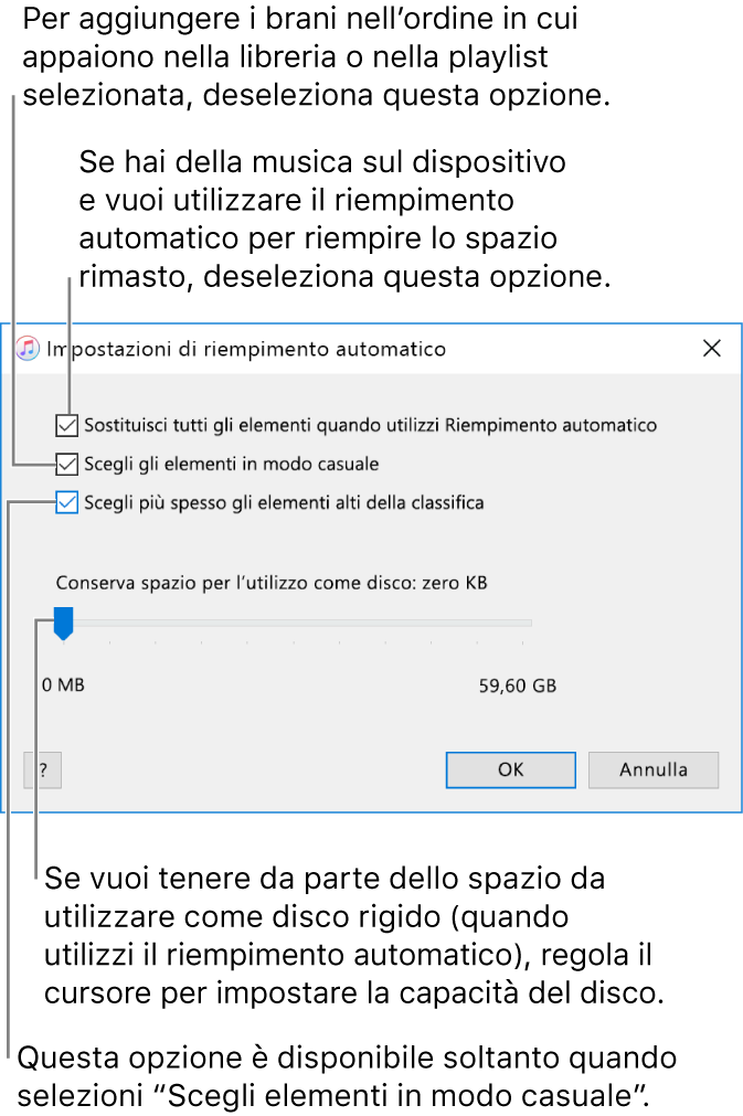 La finestra di dialogo del riempimento automatico che mostra quattro opzioni, dall'alto al basso. Se sul tuo dispositivo sono presenti alcuni brani e vuoi riempire automaticamente lo spazio restante, deseleziona l'opzione “Sostituisci tutti gli elementi durante il riempimento automatico”. Per aggiungere brani nell'ordine in cui compaiono nella libreria o nella playlist selezionata, deseleziona l'opzione “Scegli elementi in modo casuale”. L'opzione successiva, “Scegli più spesso gli elementi alti della classifica” è disponibile solo quando è selezionata l'opzione “Scegli elementi in modo casuale”. Se vuoi tenere libero dello spazio da utilizzare come disco rigido, regola il cursore per impostare la capacità del disco.