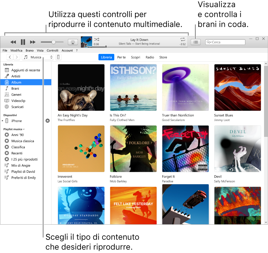 Finestra principale della libreria iTunes: Nella barra di navigazione, scegli il tipo di file multimediale da riprodurre, ad esempio Musica. Utilizza i controlli del banner nella parte superiore per riprodurre il file multimediale e usa il menu di scelta rapida “In coda” sulla destra per visualizzare la libreria in modi diversi.