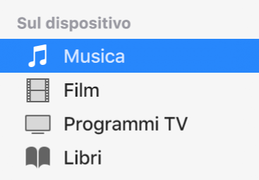 La sezione “Sul dispositivo” della barra laterale che mostra Musica selezionato.