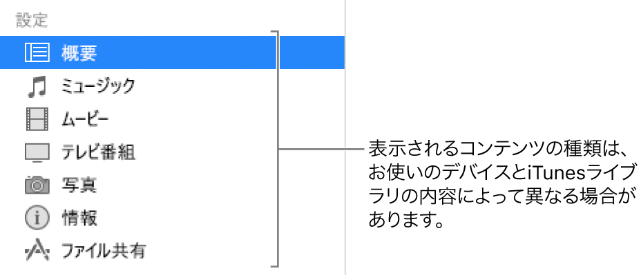 左側のサイドバーで「概要」が選択されています。表示されるコンテンツの種類は、デバイスおよびiTunesライブラリのコンテンツによって異なる場合があります。