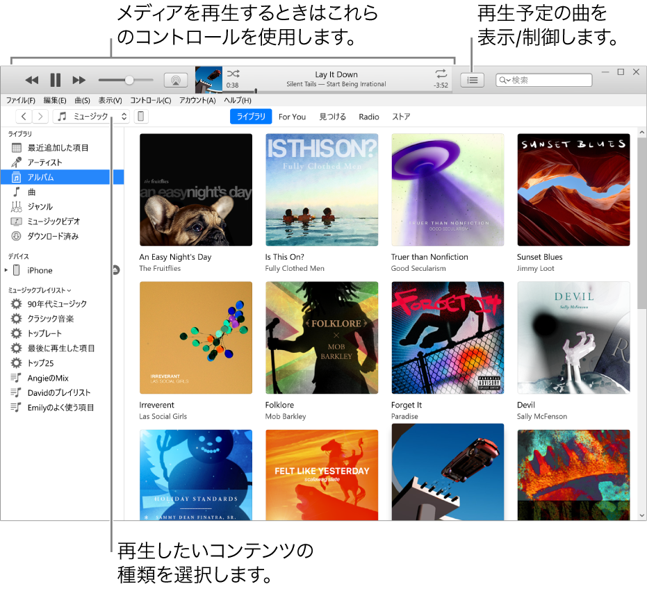 iTunesライブラリのメインウインドウ: ナビゲータで、再生するメディアの種類（「ミュージック」など）を選択します。メディアを再生するには、上部のバナーにあるコントロールを使用します。ライブラリを表示する方法を変更するには、「次はこちら」ポップアップメニューを使用します。