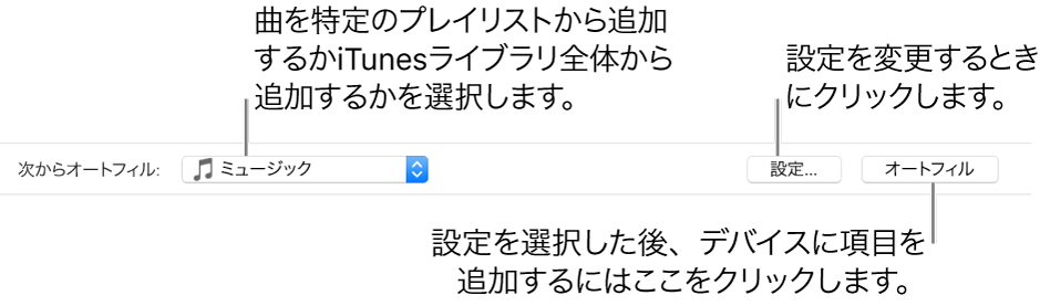 「ミュージック」パネルの下部にある「オートフィル」オプション。左端に「オートフィル」ポップアップメニューがあり、曲を特定のプレイリストから追加するか、ライブラリ全体から追加するかを選択できます。右端には「設定」と「オートフィル」の2つのボタンがあります。「設定」ではオートフィルのさまざまなオプションを変更できます。「オートフィル」をクリックすると、条件に一致する曲がデバイスの残りの領域に追加されます。