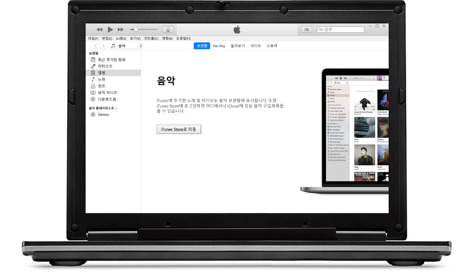 비어 있는 새로운 iTunes 보관함이 있는 PC.