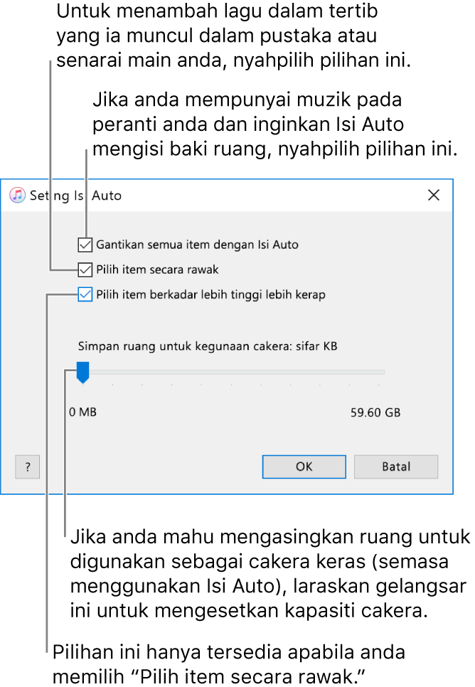 Dialog Seting Isi Auto menunjukkan empat pilihan, dari atas ke bawah. Jika anda mempunyai muzik pada peranti anda dan mahu Isi Auto mengisi baki ruang, nyahpilih pilihan “Gantikan semua item semasa Isi Auto”. Untuk menambah lagu dalam tertib yang ia muncul dalam pustaka atau senarai main anda, nyahpilih pilihan “Pilih item secara rawak”. Pilihan seterusnya, “Pilih item bernilai tinggi lebih kerap” tersedia hanya apabila anda memilih pilihan “Pilih item secara rawak”. Jika anda mahu mengasingkan ruang untuk digunakan sebagai cakera keras, laraskan gelangsar untuk mengesetkan kapasiti cakera.