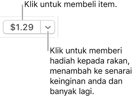 Butang memaparkan harga. Klik harga untuk membeli item. Klik segi tiga pendedahan untuk menghadiahkan item kepada rakan, menambah item ke senarai keinginan anda dan banyak lagi.