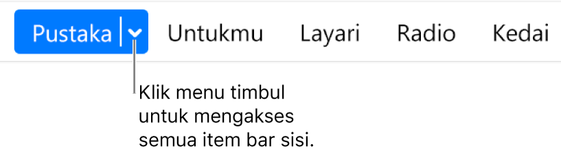 Butang Pustaka dalam bar navigasi, menunjukkan menu timbul; kliknya untuk mengakses semua item bar sisi semasa anda menyembunyikan bar sisi.