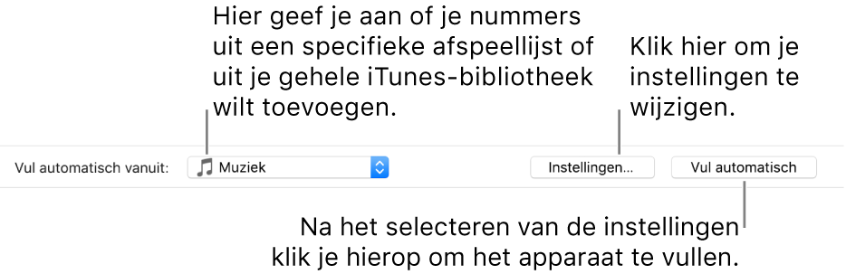 De opties voor 'Automatisch vullen' onder in het paneel 'Muziek'. Helemaal links zie je de keuzelijst 'Automatisch vullen vanuit', waarin je kunt aangeven of je nummers uit een afspeellijst of uit je gehele bibliotheek wilt toevoegen. Helemaal rechts zie je twee knoppen: 'Instellingen', waarmee je verschillende opties voor automatisch vullen kunt wijzigen, en 'Automatisch vullen'. Als je op 'Automatisch vullen' klikt, wordt je apparaat gevuld met de nummers die aan de criteria voldoen.