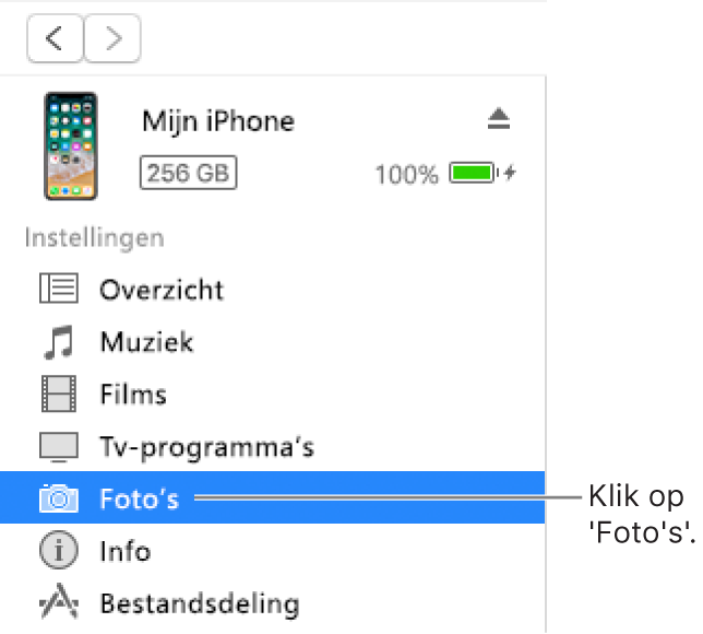 Het apparaatvenster met in de zijbalk aan de linkerkant 'Foto's' geselecteerd.