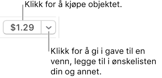 En knapp som viser en pris. Klikk på prisen for å kjøpe objektet. Klikk på trekanten for å gi objektet til en venn, legge til objektet på ønskelisten og annet.