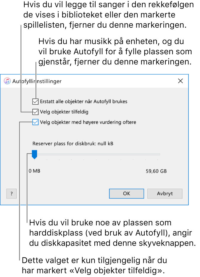 Dialogruten for Autofyll-innstillinger som viser fire valg, fra øverst til nederst. Hvis du har musikk på enheten din og vil at Autofyll skal fylle opp den gjenværende plassen, fjerner du markeringen for «Erstatt alle objekter når Autofyll brukes». Hvis du vil at sanger skal legges til i den rekkefølgen de vises i biblioteket eller den markerte spillelisten, fjerner du markeringen for «Velg objekter tilfeldig». Den neste alternativet, «Velg objekter med høyere vurdering oftere», er kun tilgjengelig når du velger «Velg objekter tilfeldig». Hvis du vil sette av plass for bruk som harddisk, justerer du skyveknappen for å angi diskkapasiteten.