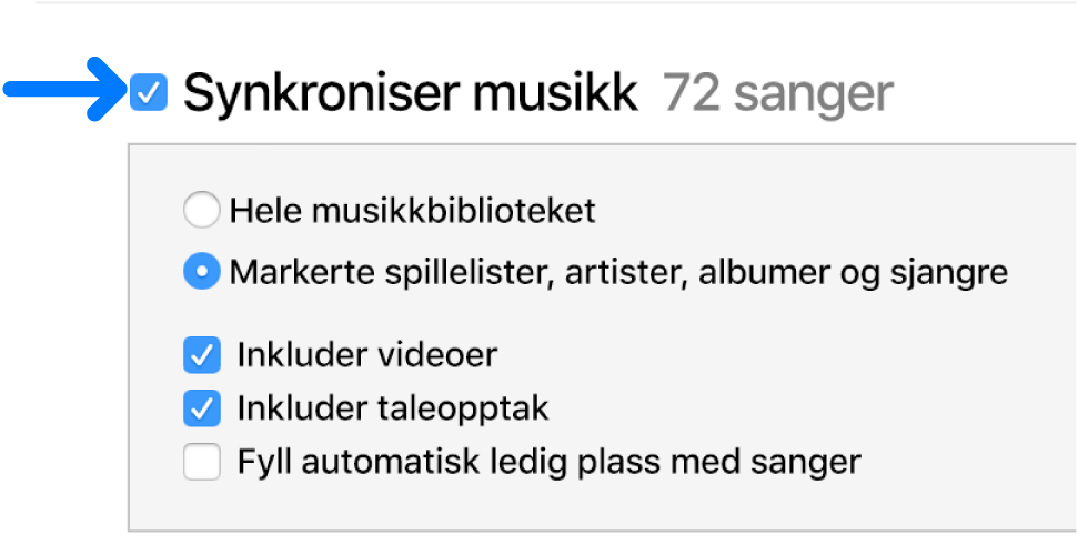 Synkroniser musikk oppe til venstre er markert. Det er mulig å velge synkronisering av hele biblioteket eller kun markerte objekter.