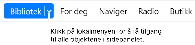 Bibliotek-knappen i navigeringslinjen som viser lokalmenyen. Klikk på den for å få tilgang til alle sidepanelobjektene når du skjuler sidepanelet.