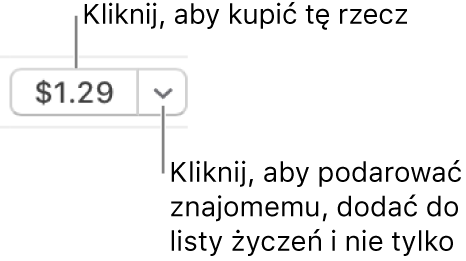 Przycisk z ceną. Kliknij w przycisk z ceną, aby kupić daną rzecz. Kliknij w trójkąt rozwijania, aby podarować daną rzecz znajomemu, dodać ją do swojej listy życzeń itp.