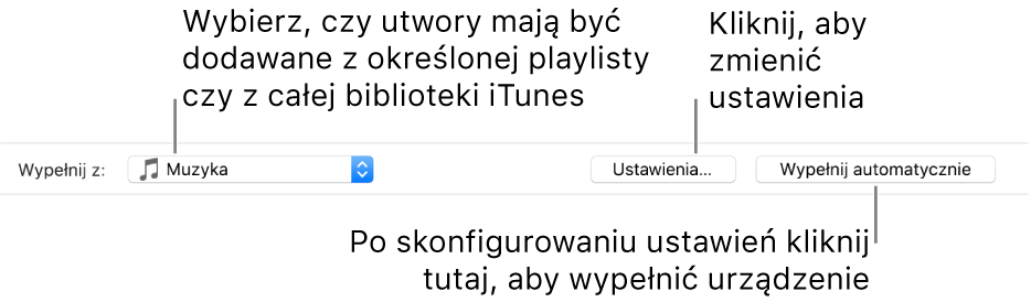 Opcje automatycznego wypełniania na dole panelu Muzyka. Po lewej znajduje się menu podręczne Wypełnij z, w którym wybierasz, czy chcesz dodawać utwory z playlisty lub z całej biblioteki. Po prawej znajdują się dwa przyciski — Ustawienia, do zmiany różnych opcji automatycznego wypełniania oraz przycisk Wypełnij automatycznie. Gdy klikniesz w Wypełnij automatycznie, Twoje urządzenie zostanie zapełnione utworami spełniającymi kryteria.