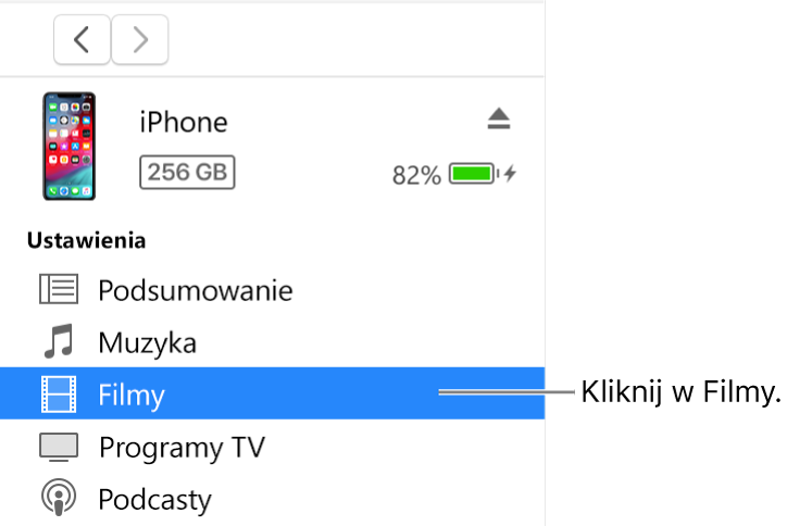 Okno urządzenia z pozycją Filmy zaznaczoną na pasku bocznym po lewej.