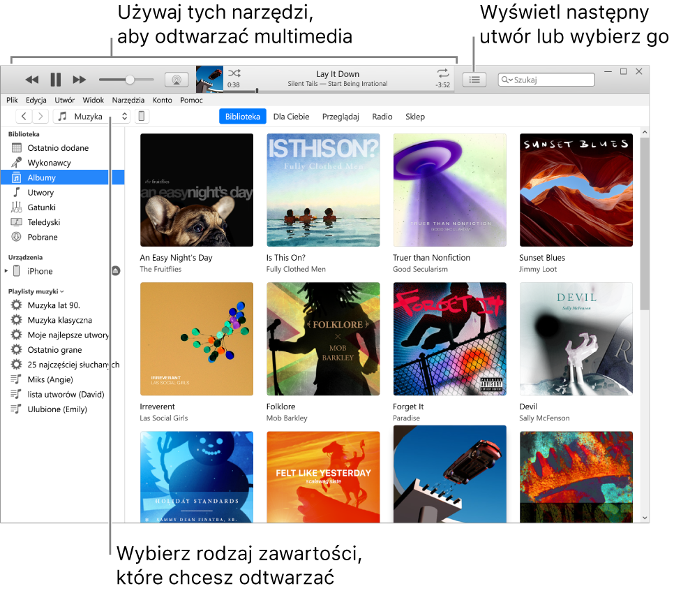 Okno główne biblioteki iTunes: W nawigatorze wybierz typ multimediów, które chcesz odtwarzać (na przykład Muzyka). Używaj tych narzędzi na górnym banerze do odtwarzania swoich multimediów i używaj menu Następny po prawej stronie do wyświetlania biblioteki na różne sposoby.