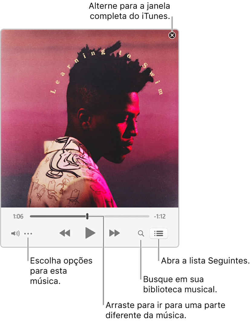 Minirreprodutor expandido exibindo os controles da música em reprodução. No canto superior direito, o botão fechar, usado para alternar para a janela completa do iTunes. Na parte inferior da janela há um controle que pode ser deslizado para ir para uma parte diferente da música. Abaixo do controle, no lado esquerdo, está o botão Mais, onde é possível escolher opções de visualização e outras opções da música sendo reproduzida. Na extremidade direita, abaixo do controle, há dois botões: a lupa, para buscar na biblioteca de música e a lista Seguintes, para ver o que será reproduzido a seguir.