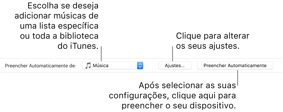 As opções de Preenchimento Automático na parte inferior do painel de Músicas. Na extremidade esquerda encontra-se o menu local “Preencher Automaticamente de”, onde você pode optar por adicionar músicas de uma playlist ou de toda a biblioteca. Na extremidade direita, há dois botões: Configurações, para alterar as opções de Preenchimento Automático, e Preencher Automaticamente. Ao clicar em Preencher Automaticamente, o dispositivo é preenchido com as músicas que correspondam ao critério.