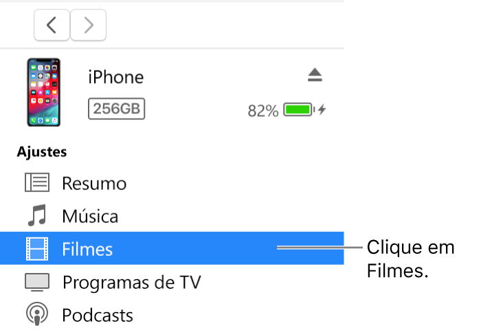 Janela Dispositivo, com Filmes selecionado na barra lateral à esquerda.