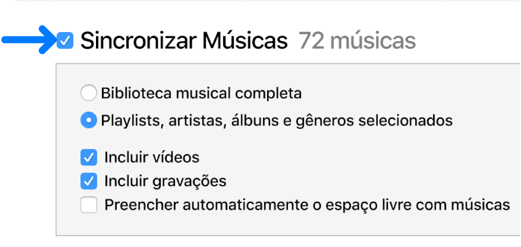 Sincronizar Músicas está selecionado, no canto superior esquerdo, com opções para sincronizar toda a biblioteca ou somente os itens selecionados.