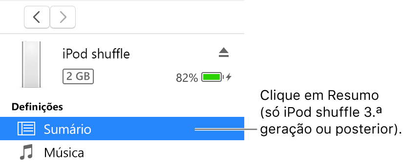 A janela Dispositivo, com a opção Sumário selecionada na barra lateral à esquerda.