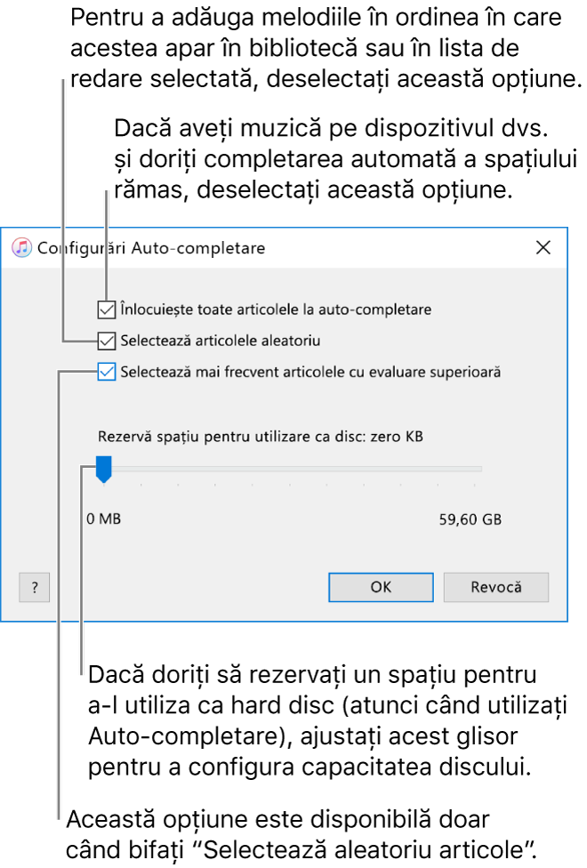 Dialogul Configurări Auto-completare afișând patru opțiuni, de sus în jos. Dacă aveți muzică pe dispozitiv și doriți ca funcționalitatea Auto-completare să completeze spațiul rămas, deselectați opțiunea “Înlocuiește toate articolele la Auto-completare”. Pentru a adăuga melodiile în ordinea în care acestea apar în biblioteca sau lista dvs. de redare selectată, deselectați opțiunea “Selectează articolele aleatoriu”. Opțiunea următoare, “Selectează mai frecvent articolele cu evaluare superioară”, este disponibilă doar dacă selectați opțiunea “Selectează articolele aleatoriu”. Dacă doriți să rezervați spațiu pentru a-l utiliza ca hard disc, ajustați glisoarele pentru a stabili capacitatea discului.