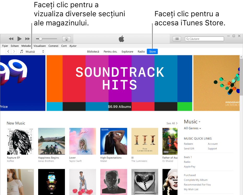 Fereastra principală iTunes Store: În bara de navigare, este evidențiat Store. În colțul din stânga sus, alegeți să vizualizați diferite tipuri de conținut în Store (cum ar fi Muzică sau Emisiuni TV).