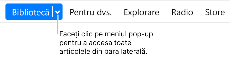 Butonul Bibliotecă în bara de navigare afișând meniul pop-up; faceți clic pentru a accesa toate articolele din bara laterală când ascundeți bara laterală.