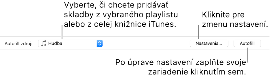 Možnosti funkcie Autofill v spodnej časti panela Hudba. Úplne naľavo sa nachádza vyskakovacie menu Autofill zdroj, kde môžete vybrať, či sa skladby majú pridať z playlistu alebo z celej knižnice. Vpravo sú dve tlačidlá - Nastavenia, pomocou ktorého môžete meniť rôzne možnosti funkcie Autofill a tlačidlo Autofill. Po kliknutí na Autofill bude prázdne miesto na vašom zariadení zaplnené skladbami podľa zvolených kritérií.