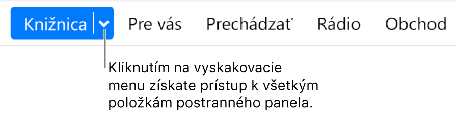 Tlačidlo Knižnica v navigačnom paneli znázorňujúce vyskakovacie menu. Keď je postranný panel skrytý, po kliknutí na tlačidlo získate prístup ku všetkým položkám postranného panela.