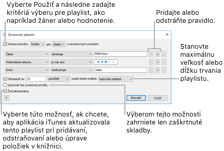 Okno dynamického playlistu: V ľavom hornom rohu zaškrtnite Zobrazí položku a špecifikujte kritériá playlistu (napríklad žáner alebo hodnotenie). Kliknutím na tlačidlá Pridať alebo Odstrániť v pravom hornom rohu pridajte alebo odstráňte pravidlá. V spodnej časti okna vyberte rôzne možnosti. Môžete napríklad obmedziť veľkosť alebo trvanie playlistu vrátane len zaškrtnutých skladieb alebo nastaviť automatickú aktualizáciu playlistu pri zmene položiek v knižnici.
